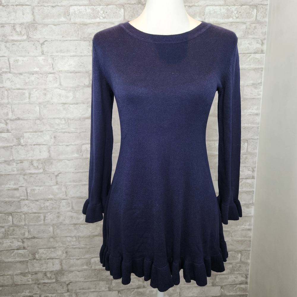 Isaac Mizrahi Live Ruffle Hem Tunic Sweater Navy Coquette Preppy XXS